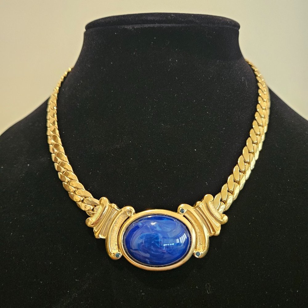 Vintage Trifari signed gold and royal blue 16 inch bib choker necklace